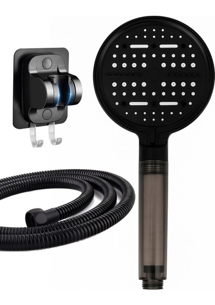 Nova 6 Fonksiyonlu Siyah Duş Başlığı , Yapışkan Mafsal ve Siyah Duş Hortumu Duş Sistemi