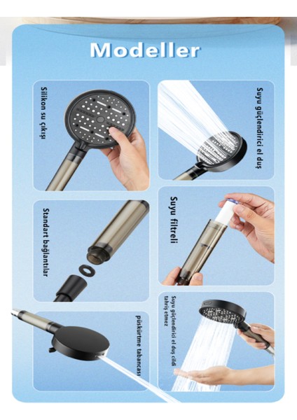 Nova 6 Fonksiyonlu Siyah Duş Başlığı , Yapışkan Mafsal ve Siyah Duş Hortumu Duş Sistemi fiyatları