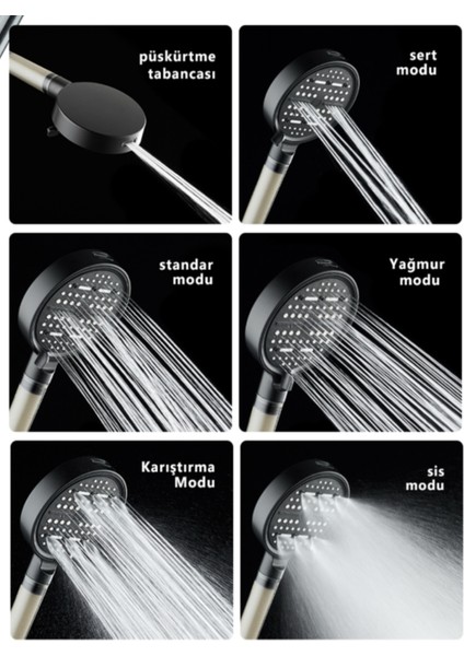 Nova 6 Fonksiyonlu Siyah Duş Başlığı , Yapışkan Mafsal ve Siyah Duş Hortumu Duş Sistemi modelleri