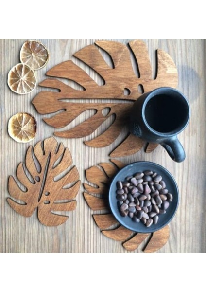 Ahşap Yaprak Şeklinde Çift Katman Bardak Altlığı Sunum Tepsisi Kahverengi