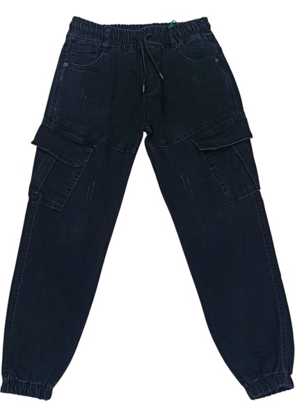 Erkek Çocuk Bel Bilek Lastikli Beli Ip Bağlamalı Çift Kargo Cepli Siyah Renk Kot Pantolon 3234