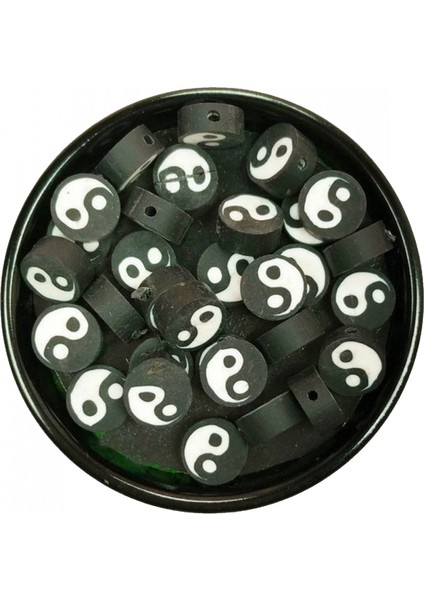 90 Adet 10 mm Polimer Kil Fimo Boncuk Takı Bileklik + 5 Metre Lastikli Misina Hediye - Yin Yang modelleri