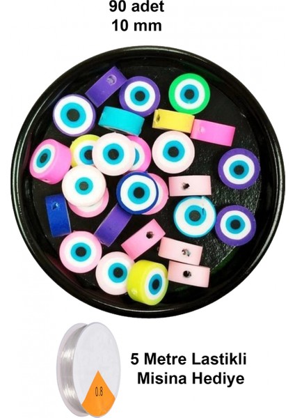 90 Adet 10 mm Polimer Kil Fimo Boncuk Takı Bileklik + 5 Metre Lastikli Misina Hediye - Nazar Boncuğu