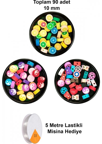 90 Adet 10 mm Polimer Kil Fimo Boncuk Takı Bileklik + 5 Metre Misina Hediye - Yin Yang - Karışık - Limon