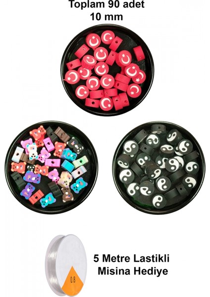 90 Adet 10 mm Polimer Kil Fimo Boncuk Takı Bileklik + 5 Metre Misina Hediye - Ayıcık - Bayrak - Yin Yang
