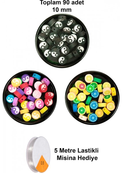 90 Adet 10 mm Polimer Kil Fimo Boncuk Takı Bileklik + 5 Metre Misina Hediye - Yin Yang - Yin Yang - Limon