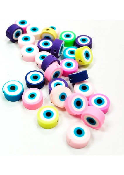 90 Adet 10 mm Polimer Kil Fimo Boncuk Takı Bileklik + 5 Metre Misina Hediye - Smile - Nazar - Love modelleri
