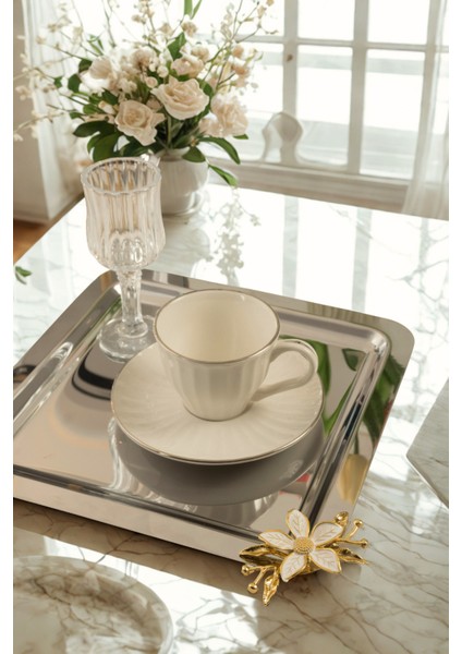 6'lı Kare Paslanmaz Çelik Tepsi Seti 21X21 Cm, Gold Papatya Figürlü Sunum Tepsisi indirimleri