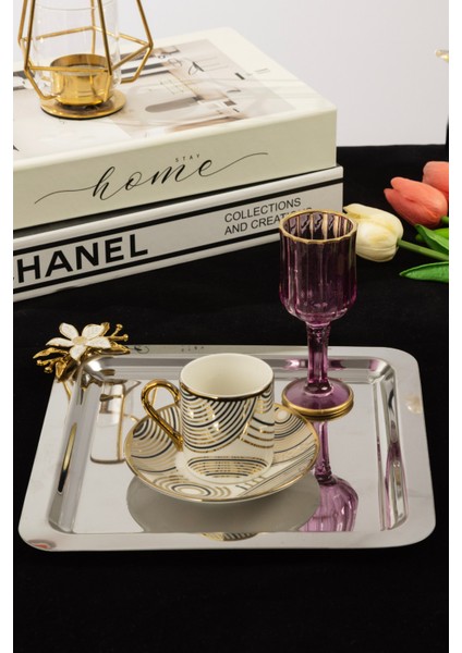 6'lı Kare Paslanmaz Çelik Tepsi Seti 21X21 Cm, Gold Papatya Figürlü Sunum Tepsisi