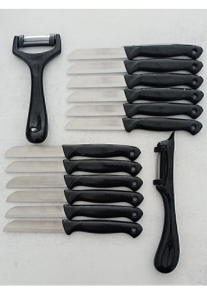 12'li Meyve ve Sebze Doğrama Bıçağı ile 2'li Soyacak Seti Siyah