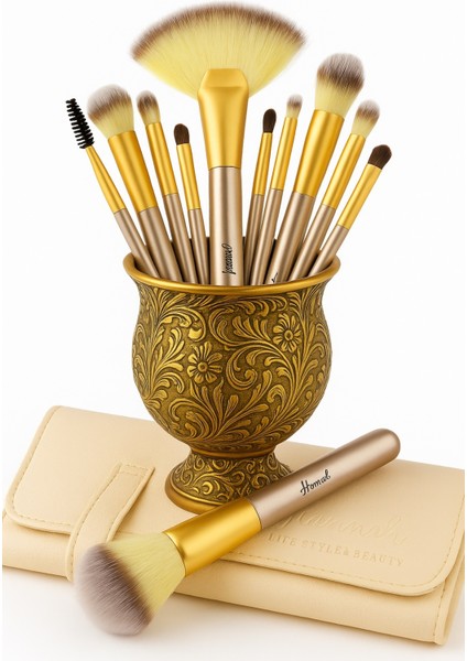 18 Parça Profesyonel Makyaj Fırça Seti Krem Renk