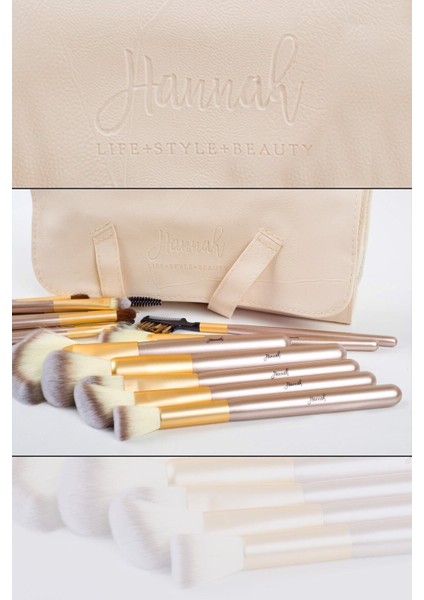 18 Parça Profesyonel Makyaj Fırça Seti Krem Renk