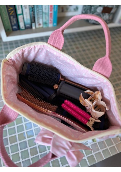 Pembe Çiçekli Büyük Saç Şekillendirici Çantası, Düzenleyici, Şık ve Kullanışlı modelleri