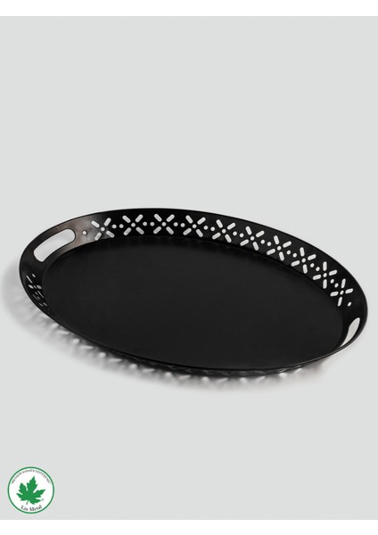 Şık Siyah Oval Metal Servis Tepsisi, Büyük ve Romantik Sunum Için Ideal