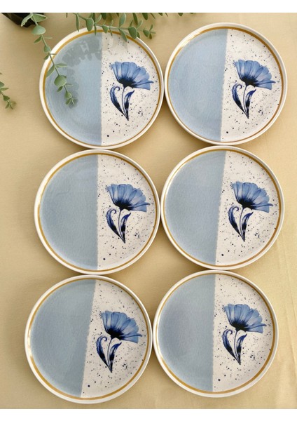 6'lı Mavi Gelincik Desenli Şık Servis ve Pasta Tabağı Seti