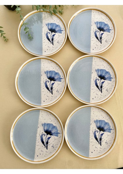 6'lı Mavi Gelincik Desenli Şık Servis ve Pasta Tabağı Seti modelleri