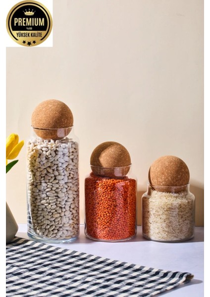 3'lü Top Mantar Kapaklı Cam Kavanoz ve Baharatlık Seti Beyaz