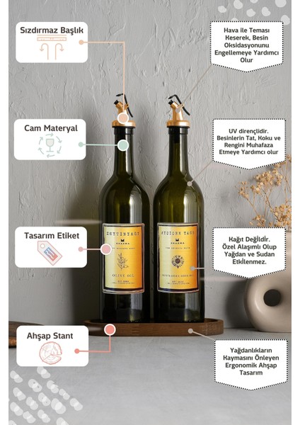 Ahşap Stantlı Amber Gold 2'li 750 ml Zeytinyağı ve Sıvıyağ Şişesi Seti fiyatları