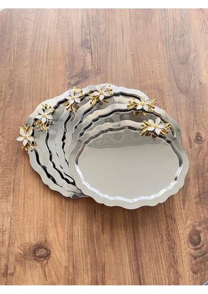 6 Adet Papatya Aksesuarlı Oval Gümüş 20X25 cm Paslanmaz Çelik Sunum Tepsisi