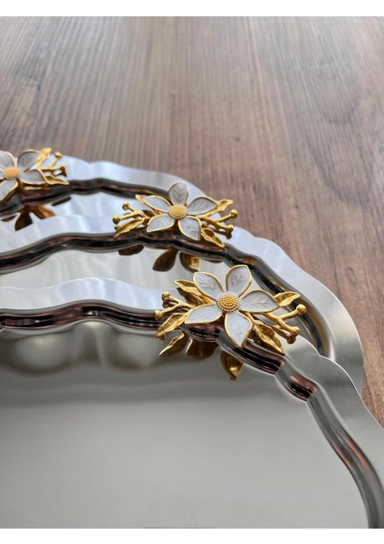 6 Adet Papatya Aksesuarlı Oval Gümüş 20X25 cm Paslanmaz Çelik Sunum Tepsisi fiyatları