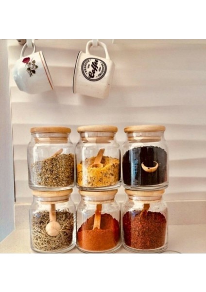 6'lı Ahşap Kapaklı 300 ml Çok Amaçlı Kavanoz Seti, Vakumlu Kapakli, Beyaz