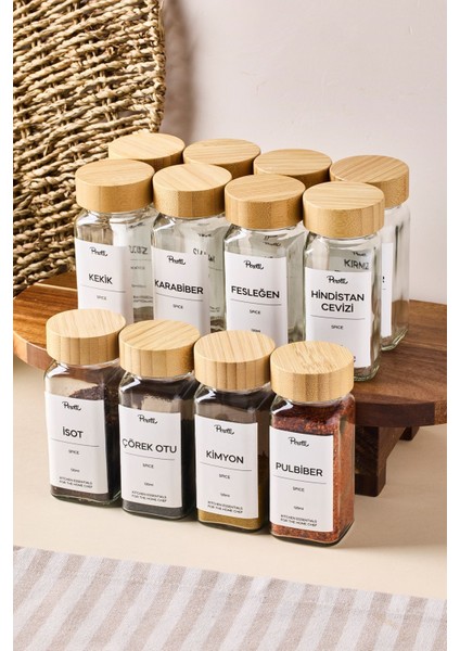 Şık 12’li Cam Kare Baharatlık Seti, Bambu Kapak ve Etiketli, 120 ml