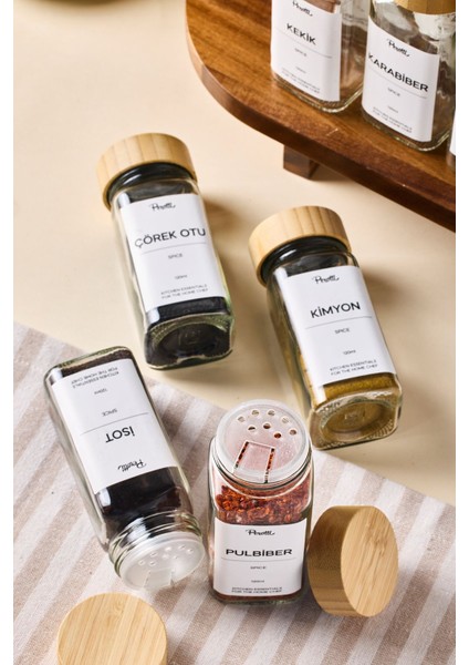 Şık 12’li Cam Kare Baharatlık Seti, Bambu Kapak ve Etiketli, 120 ml fiyatları
