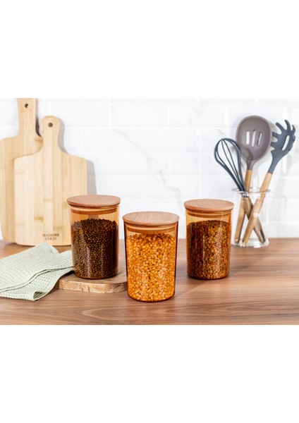 Ahşap Kapağıyla 900ML Saklama Kabı Seti, 3'lü, Modern ve Şık Tasarım