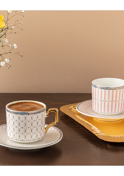 Kahve Fincan Takımı 2'li Pembe Porselen 90 ml Klasik Zarif Tasarım