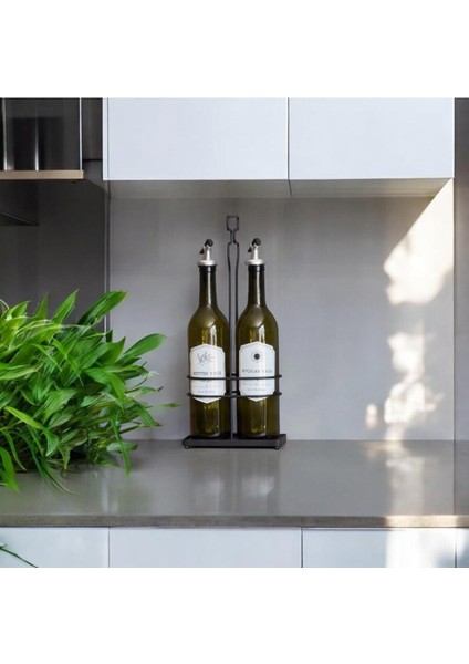 Iki Parçalı Cam Yağdanlık Seti, Paslanmaz Standlı ve Altlıklı, Siyah Renk