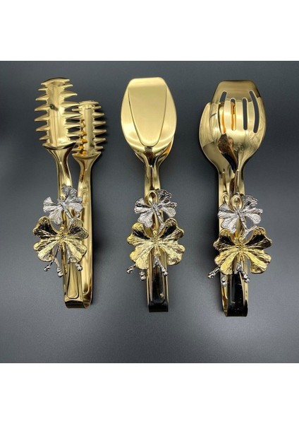 Altın Renkli 3'lü Paslanmaz Çelik Servis Maşa Seti, Şık ve Dayanıklı Tasarım