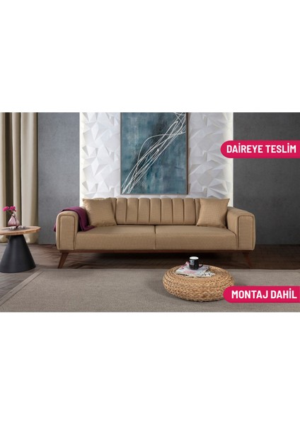 Ralve Yataklı Kanepe Keten Hardal Kazayağı