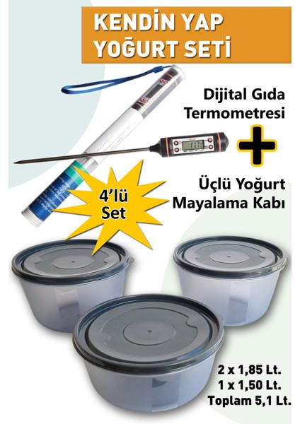 4'lü Yoğurt ve Kefir Mayalama Seti, Kendin Yap Makinesi, Termometre ve Kabı