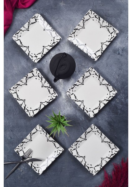 6'lı Mermer Desenli Tatlı Tabak Seti, Sunum ve Servis Için 15 cm