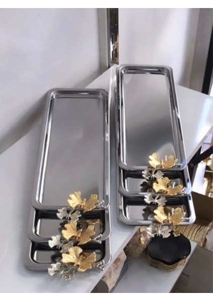 6'lı Dikdörtgen Paslanmaz Çelik Baton Kahve Tepsisi, Kelebekli, Lüx Sunum