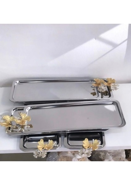 6'lı Dikdörtgen Paslanmaz Çelik Baton Kahve Tepsisi, Kelebekli, Lüx Sunum fırsatları