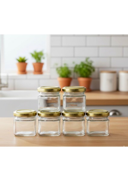 40 cc Mini Kare Cam Kavanoz 6'lu – Altın Kapaklı Şık Sunum ve Saklama Kabı