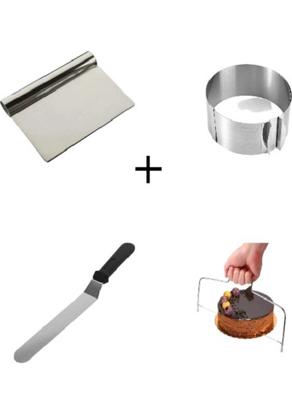 Paslanmaz Çelik Spatula ve Kesme Seti, 4'lü, Kek ve Hamur Araçları