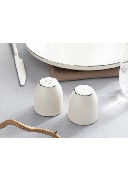 Şık 5,5x5 cm Porselen Tuzluk-Biberlik Takımı, Parlak Gümüş Renkli Set