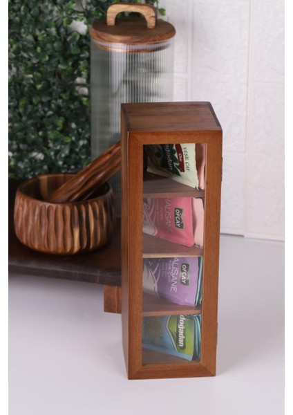 Ahşap 5 Bölmeli Şeffaf Kapaklı Çay ve Kahve Düzenleyici, 26,5X9X9 cm