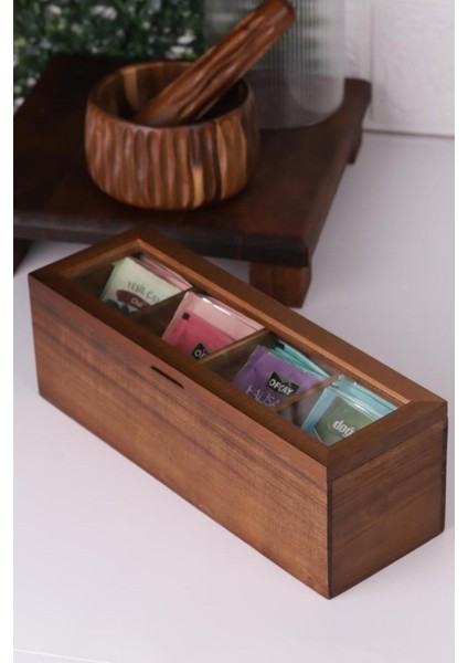 Ahşap 5 Bölmeli Şeffaf Kapaklı Çay ve Kahve Düzenleyici, 26,5X9X9 cm fırsatları