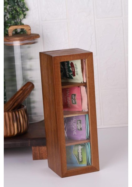 Ahşap 5 Bölmeli Şeffaf Kapaklı Çay ve Kahve Düzenleyici, 26,5X9X9 cm