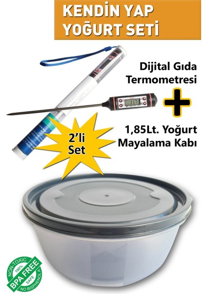 2'li Yoğurt ve Kefir Mayalama Seti, Kendin Yap, Gıda Termometresi ve Kabı ile