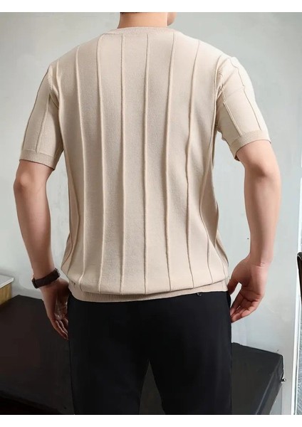 Erkek Kısa Kollu Bisiklet Yaka Çizgili Triko Bluz