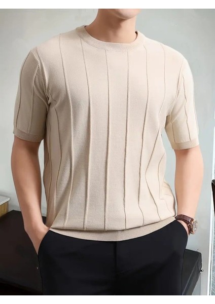 Erkek Kısa Kollu Bisiklet Yaka Çizgili Triko Bluz