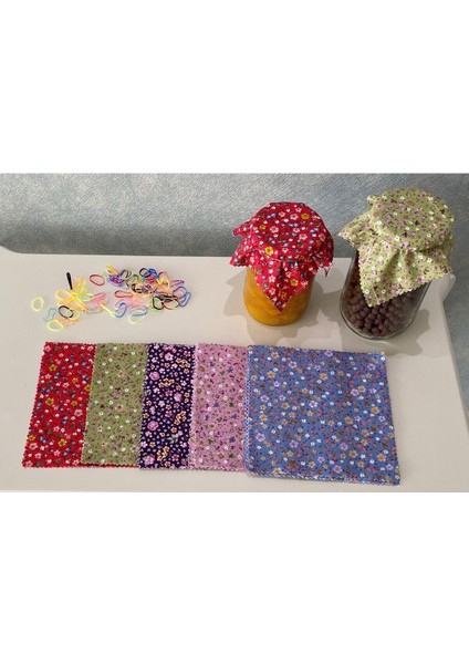 50 Adet Renkli Çiçekli Kavanoz Kapağı ve Bağlama Lastiği Seti