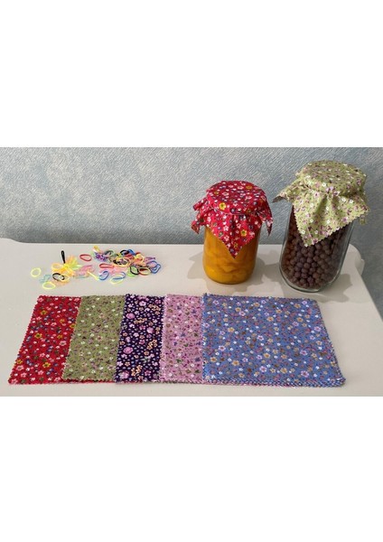 50 Adet Renkli Çiçekli Kavanoz Kapağı ve Bağlama Lastiği Seti