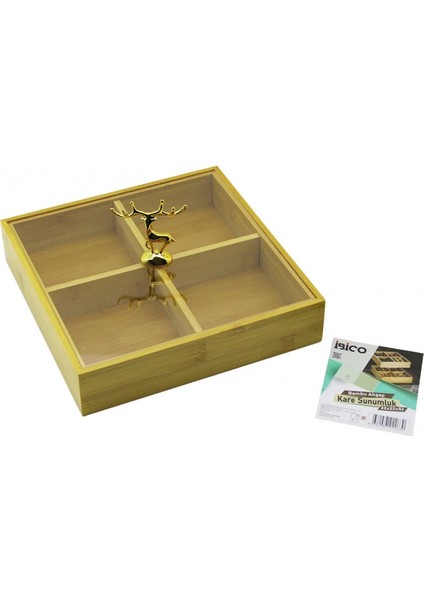 Kare 4 Bölmeli=2ın1=bölmesiz Çok Amaçlı Kutu Ahşap Bambu Servis Sunum Tepsi - Tahtası 22X22X5CM (4887)