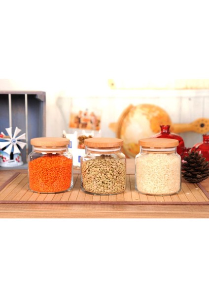 3'lü Ahşap Kapaklı Kavanoz Seti 635 Cc, Beyaz