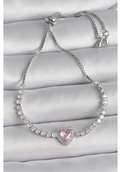 Gümüş Renk Su Yolu Pembe Zirkon Taşlı Kalp Asansör Model Charm Kadın Bileklik